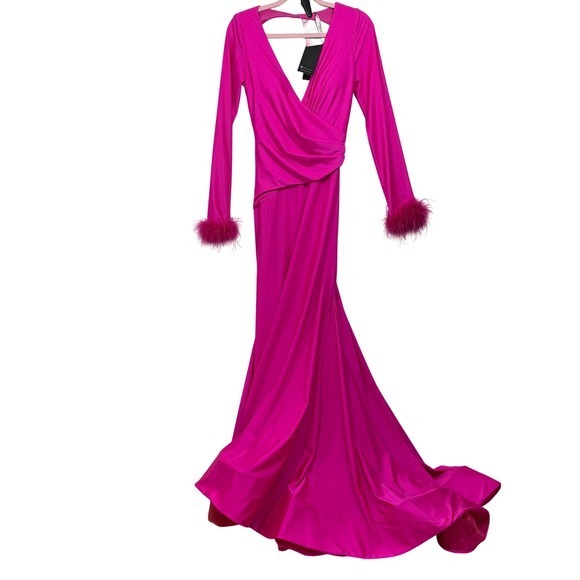 Terani Couture 231P0074 Fuchsia Pink Feather Trim Long Sleeve Gown Dress 6 - Picture 3 of 16